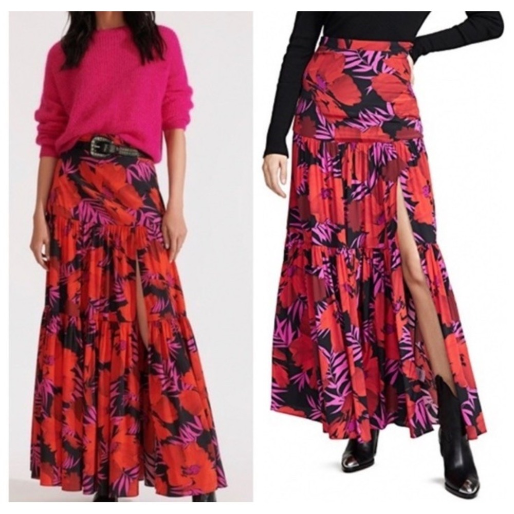 Veronica Beard Red Poppy Floral Serence Maxi Skirt‎ Size 16 Silk Flowy